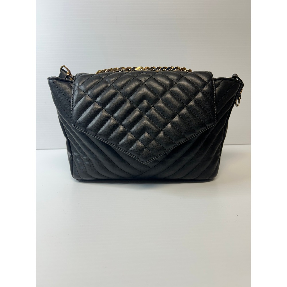 Mango Black Quilted Crossbody Bag Gold Chain Strap Chevron Stitched Flap Purse